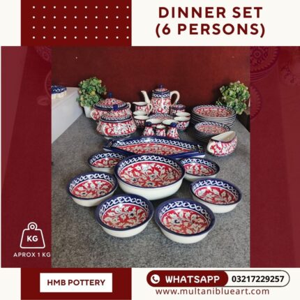 Dinner Set for 6 Persons of Multani Blue Pottery - Full Bharai Red