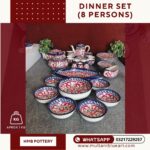 Dinner Set for 8 Persons of Multani Blue Pottery - Full Bharai Red