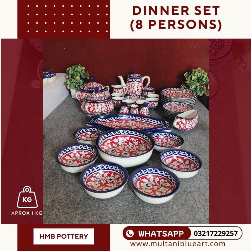 Dinner Set for 8 Persons of Multani Blue Pottery - Full Bharai Red