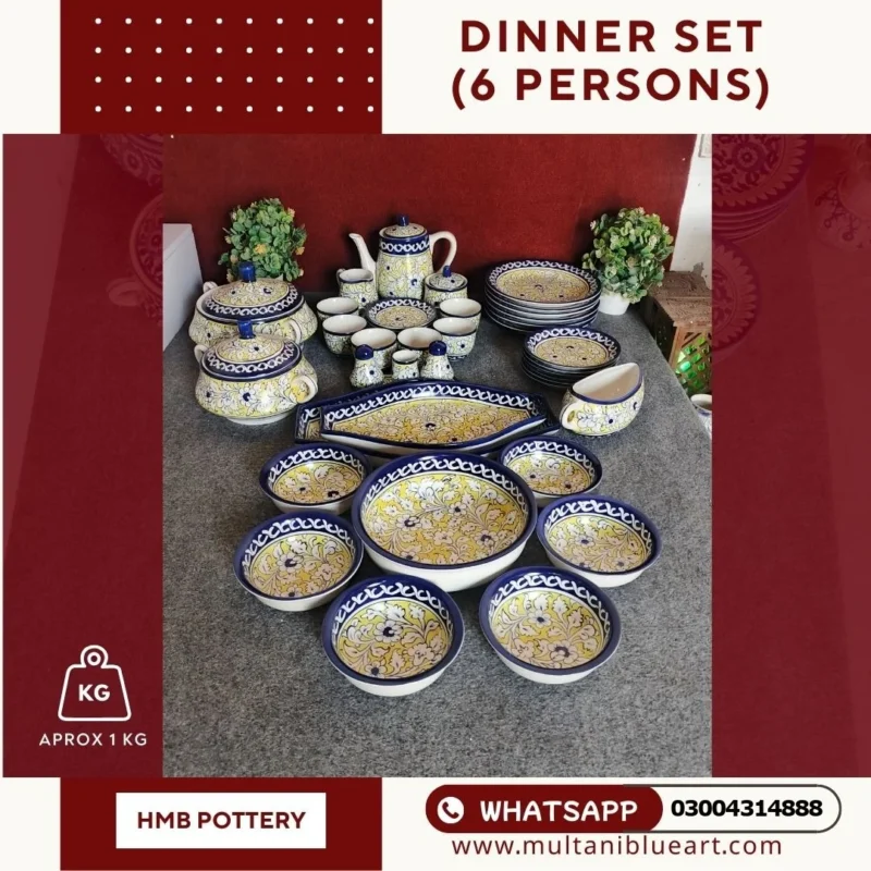 Dinner Set for 6 Persons of Multani Blue Pottery - Full Bharai Yellow