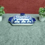 Front view of large Multani blue pottery butter dish with hand painted lid