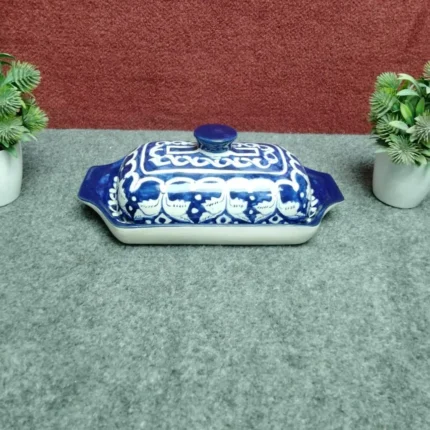Front view of large Multani blue pottery butter dish with hand painted lid