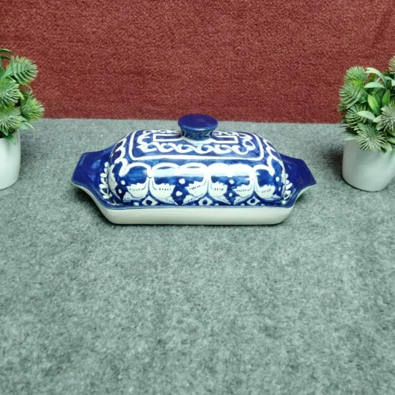 Front view of large Multani blue pottery butter dish with hand painted lid