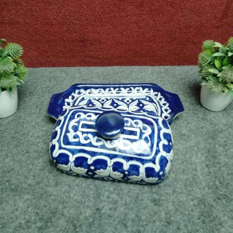 Hand painted ceramic lid and serving tray of the large Multani blue pottery butter dish