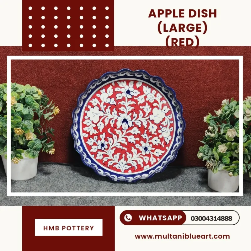 Apple Dish Large - Full Bharai Red Design , handmade Multani Blue Pottery