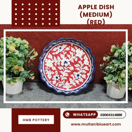 Apple Dish Medium - Full Bharai Red Design , handmade Multani Blue Pottery
