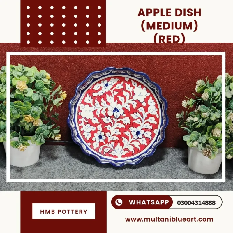 Apple Dish Medium - Full Bharai Red Design , handmade Multani Blue Pottery