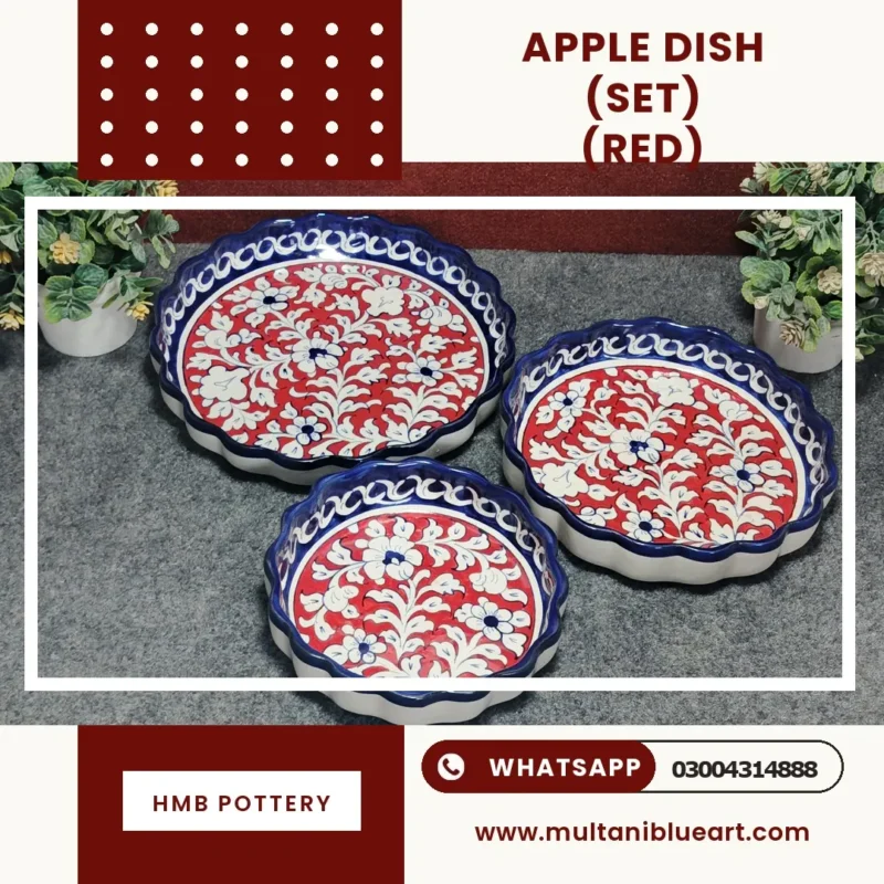 Apple Dish Set - Full Bharai Red Design , handmade Multani Blue Pottery