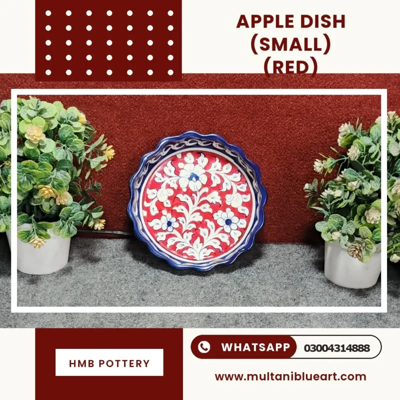 Apple Dish Small - Full Bharai Red Design , handmade Multani Blue Pottery