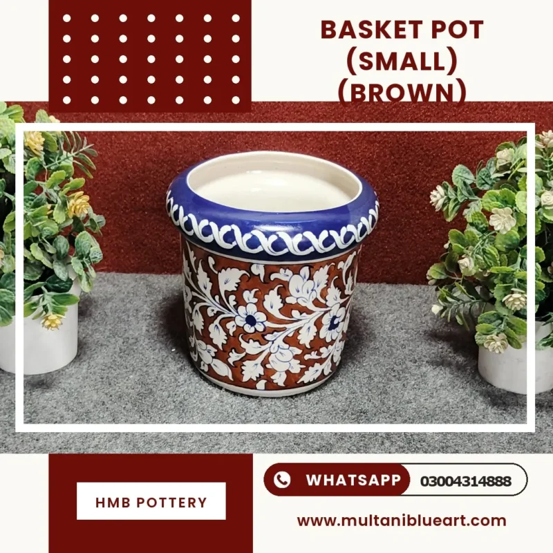 Basket Pot (Small) - Full Bharai Brown Design , handmade Multani Blue Pottery