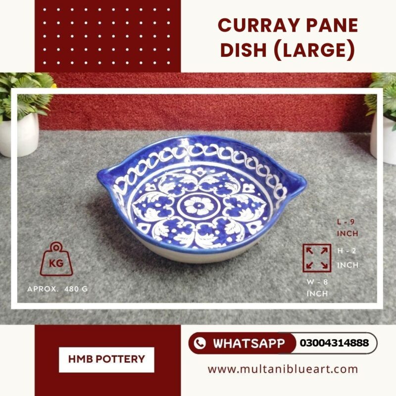Curray Pane Dish Large - handmade Multani Blue Pottery serving dish with twin handles