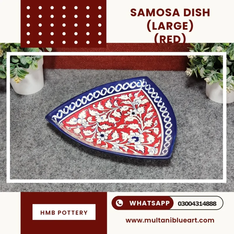 Samosa Dish Large - Full Bharai Red Design , handmade Multani Blue Pottery