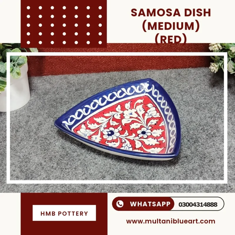 Samosa Dish Medium - Full Bharai Red Design , handmade Multani Blue Pottery