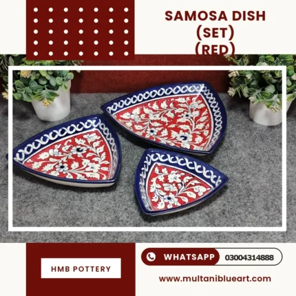Samosa Dish Set - Full Bharai Red Design , handmade Multani Blue Pottery