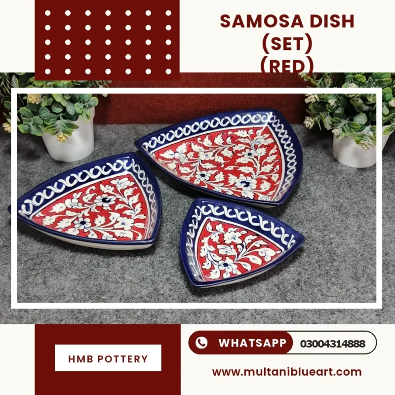 Samosa Dish Set - Full Bharai Red Design , handmade Multani Blue Pottery
