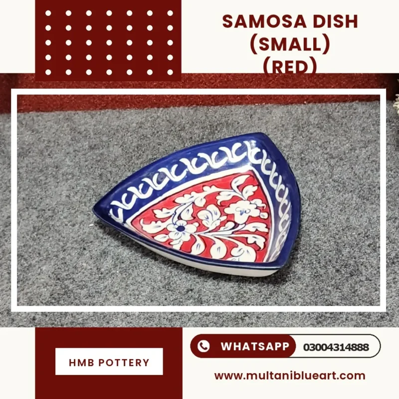 Samosa Dish Small - Full Bharai Red Design , handmade Multani Blue Pottery