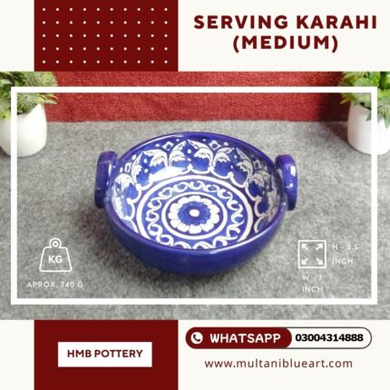 Serving Karahi (Medium), handmade Multani Blue Pottery serving karahi with twin handles