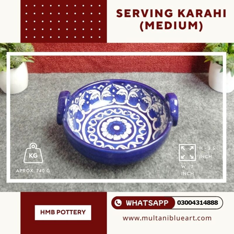 Serving Karahi (Medium), handmade Multani Blue Pottery serving karahi with twin handles