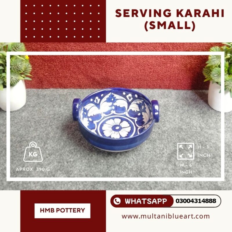 Serving Karahi (Small), handmade Multani Blue Pottery serving karahi with twin handles