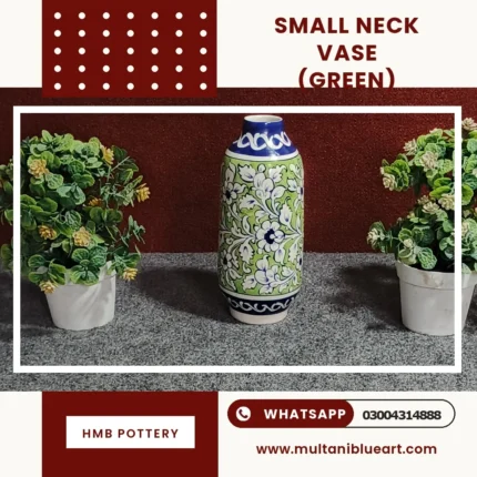 Small Neck Vase - Full Bharai Green Design , handmade Multani Blue Pottery