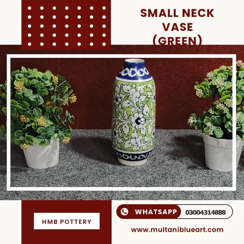Small Neck Vase - Full Bharai Green Design , handmade Multani Blue Pottery