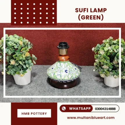 Sufi Lamp - Full Bharai Green Design , handmade Multani Blue Pottery