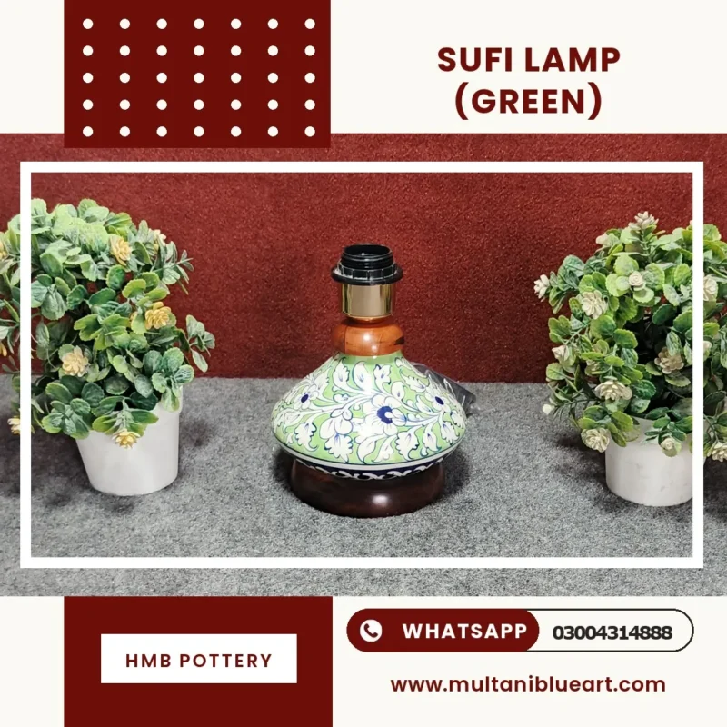 Sufi Lamp - Full Bharai Green Design , handmade Multani Blue Pottery