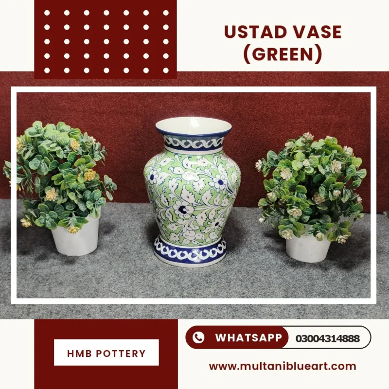Ustad Vase - Full Bharai Green Design , handmade Multani Blue Pottery