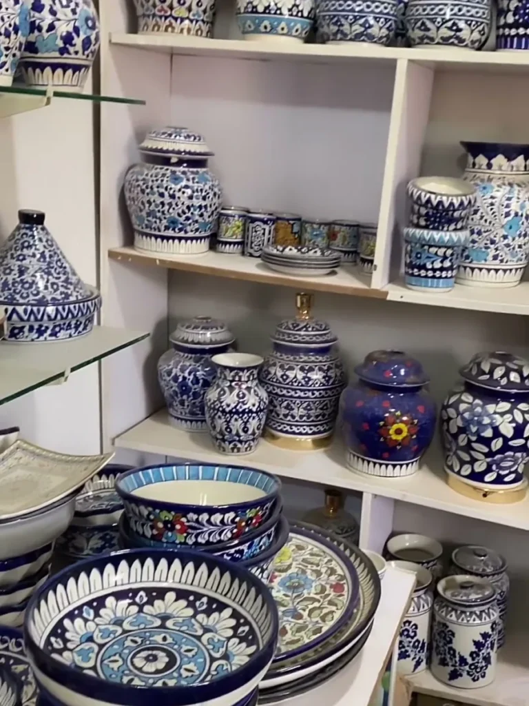 A corner of the showroom stacked with dinner ware